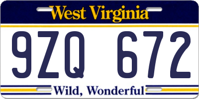 WV license plate 9ZQ672