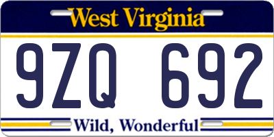 WV license plate 9ZQ692