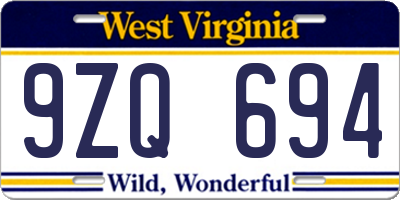 WV license plate 9ZQ694