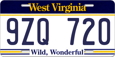 WV license plate 9ZQ720