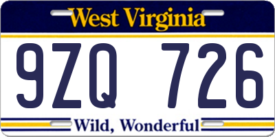 WV license plate 9ZQ726