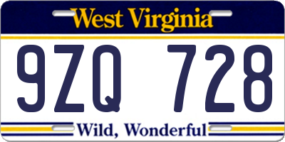 WV license plate 9ZQ728