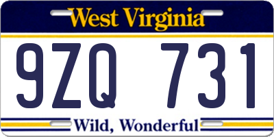 WV license plate 9ZQ731