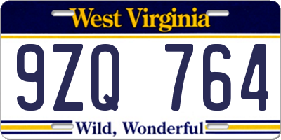 WV license plate 9ZQ764