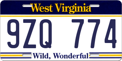 WV license plate 9ZQ774