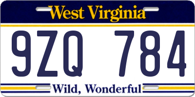 WV license plate 9ZQ784