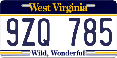 WV license plate 9ZQ785