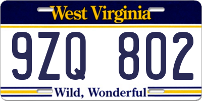 WV license plate 9ZQ802