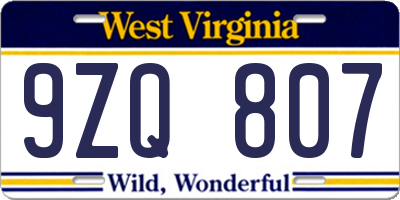 WV license plate 9ZQ807