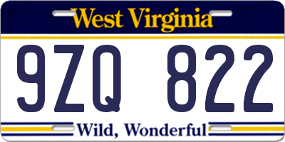 WV license plate 9ZQ822