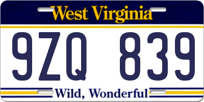 WV license plate 9ZQ839