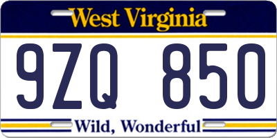 WV license plate 9ZQ850