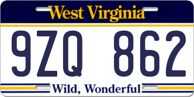 WV license plate 9ZQ862