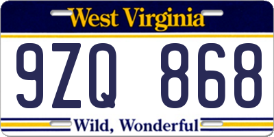 WV license plate 9ZQ868