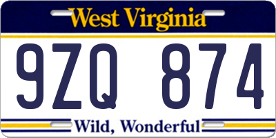 WV license plate 9ZQ874