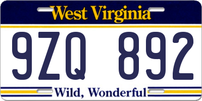 WV license plate 9ZQ892
