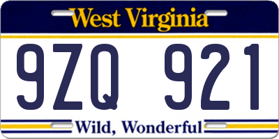 WV license plate 9ZQ921
