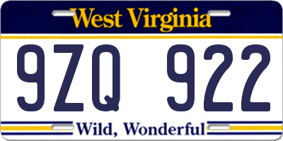 WV license plate 9ZQ922