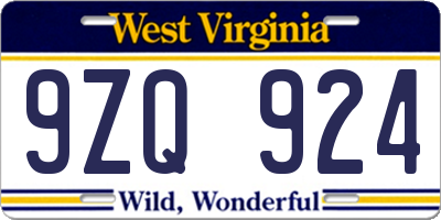 WV license plate 9ZQ924