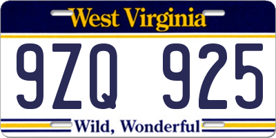 WV license plate 9ZQ925