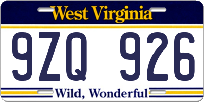 WV license plate 9ZQ926