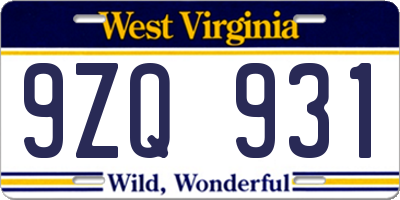 WV license plate 9ZQ931