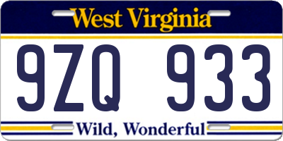 WV license plate 9ZQ933
