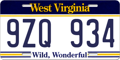 WV license plate 9ZQ934