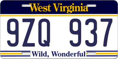 WV license plate 9ZQ937