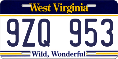 WV license plate 9ZQ953