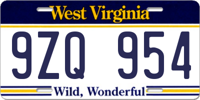 WV license plate 9ZQ954