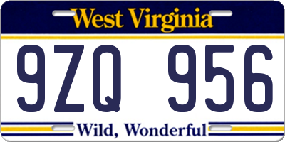 WV license plate 9ZQ956