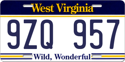 WV license plate 9ZQ957