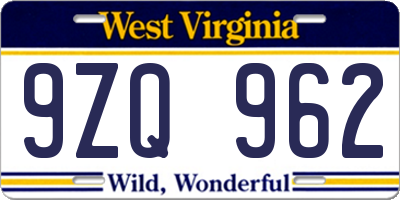 WV license plate 9ZQ962
