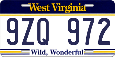 WV license plate 9ZQ972