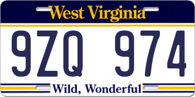 WV license plate 9ZQ974