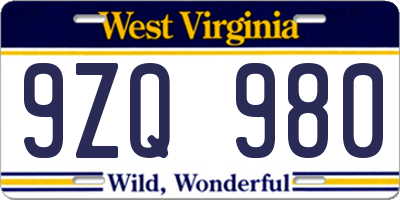 WV license plate 9ZQ980