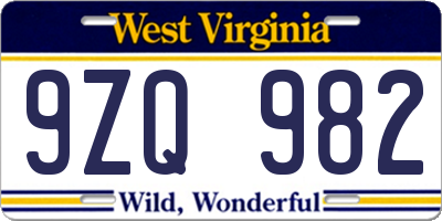 WV license plate 9ZQ982