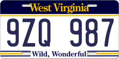 WV license plate 9ZQ987