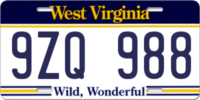 WV license plate 9ZQ988