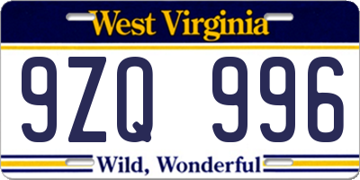 WV license plate 9ZQ996