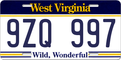 WV license plate 9ZQ997