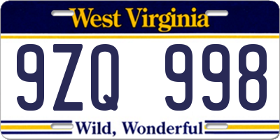 WV license plate 9ZQ998