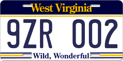 WV license plate 9ZR002