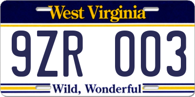 WV license plate 9ZR003