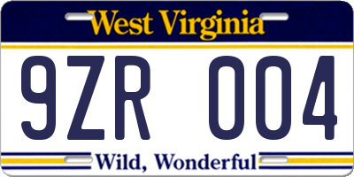 WV license plate 9ZR004