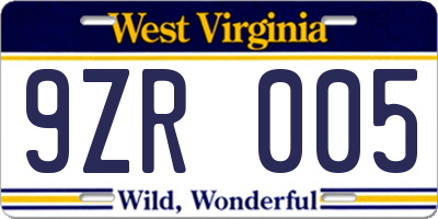 WV license plate 9ZR005