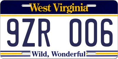 WV license plate 9ZR006