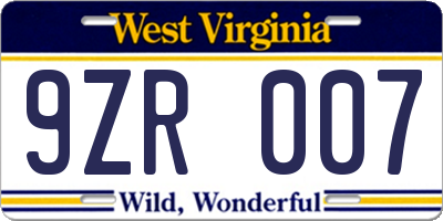 WV license plate 9ZR007