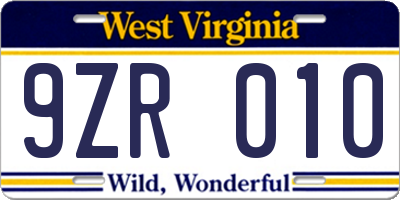 WV license plate 9ZR010
